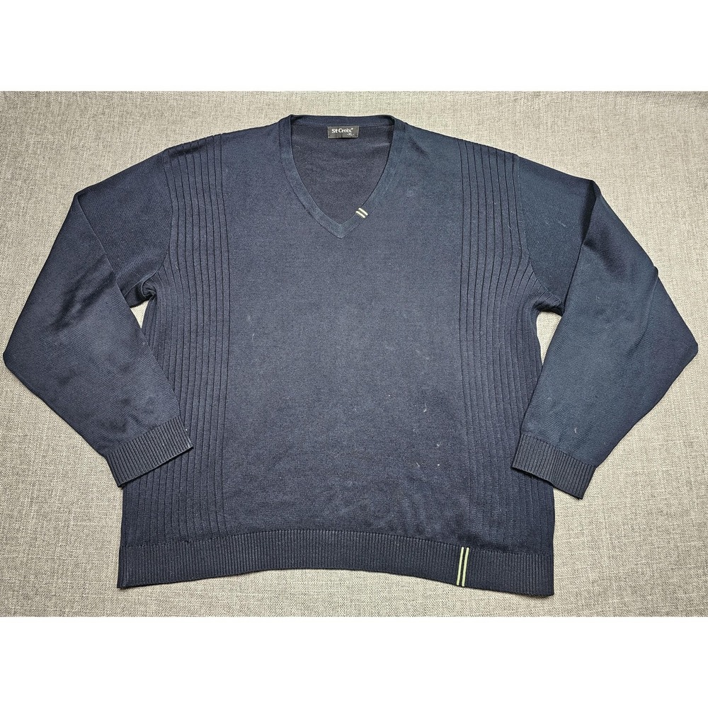 St. Croix Sweater Mens XL Navy Blue V-Neck Ribbed Knit Contrast Trim Cuffs‎
